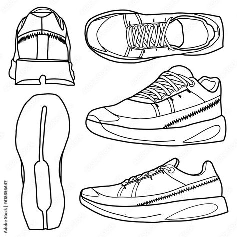 Template vector running shoes, suitable for your custom running shoes, outline vector doodle illustration, front, back, bottom, side and top view, isolated with white background. Shoes Outline Drawing, Shoes Back View, Shoe Side View, Daily Doodle, Vector Doodle, Cartoon Shoes, Shoes Drawing, Line Art Design, Doodle Illustration