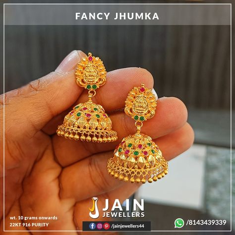 Fancy Jhumka. 10 grams onwards. 22kt 916 purity. Traditional designs. 10 Grams Gold Earrings Designs, Vanki Ring, Gold Jhumkas, Simple Necklace Designs, Gold Jhumka, Gold Jhumka Earrings, Gold Earrings Models, Ear Chain, Gold Jewelry Simple Necklace