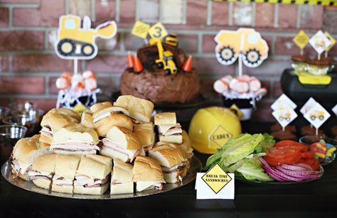 Construction Site 3rd Birthday Party | CatchMyParty.com Construction Birthday Party Food Snacks, Birthday Party Food Snacks, Party Food Snacks, Construction Birthday Party Ideas, Taco Station, Construction Birthday Party Food, Sandwich Burger, Construction Birthday Party, Construction Birthday Parties