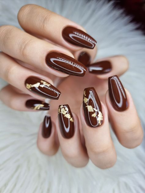 Nail Art Marron, Foil Nail Designs, Brown Nail Art, Orange Acrylic Nails, Gold Acrylic Nails, Brown Nails Design, Foil Nail Art, Plaid Nails, Glitter Gel Nails