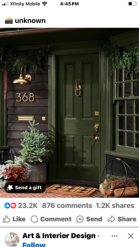 Forest Green Door Entrance, Black Forest Green Exterior, Green Exterior Door, Dark Green Front Door, Dark Grey Houses, Green Front Door, Green Front Doors, Dark House, Stucco Walls