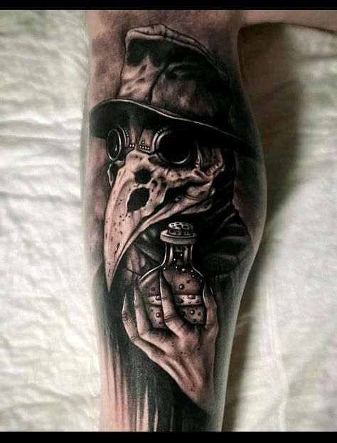 Evil Half Sleeve Tattoos, Dark Arm Tattoos For Guys, Witch Doctor Tattoo Design, Pleg Doctor Tattoos, Plague Doctor Tattoo Creepy, Cool Bicep Tattoos, Dr Plague Tattoo, Plaque Doctor Tattoo, Plague Doctor Tattoo Design