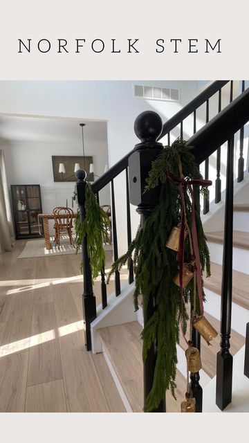 Stair Rail Christmas Decor Ideas, Garland With Bells And Ribbon, Christmas Banister Decorations Railings, Railing Garland Christmas, Real Christmas Garland, Christmas Staircase Decor Railings, Staircase Christmas Decor Railings, Banister Decor, Post Christmas Decor