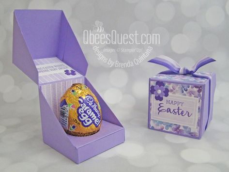 Cadbury Easter Egg Box - Qbees Quest Cadbury Easter Eggs, Easter Treat Box, Gift Card Holder Diy, Easter Paper Crafts, Stampin Up Easter, Easter Gift Boxes, Egg Packaging, Easter Favors, Easter Cards Handmade