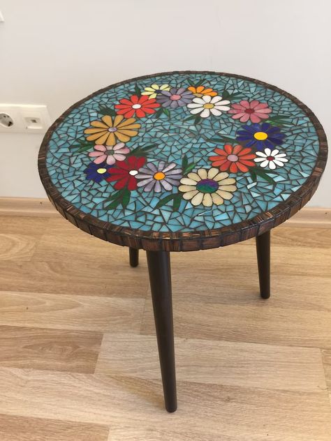 Mosaic Coffee Table Flowers Small Table Floral Mosaic Table - Etsy Mosaic Tiles Table Top, Small Mosaic Ideas, Mosaic Nightstand, Tile Table Top Diy, Diy Mosaic Table Top, Diy Mosaic Table, Livingroom Tables, Mosaic Side Table, Mosaic Patio Table