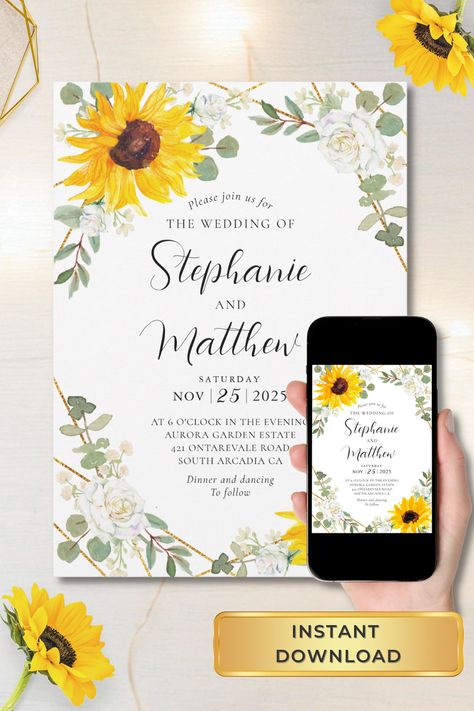 Digital and printable rustic sunflower wedding invitations with watercolor sunflowers, white roses, baby's breath flowers, eucalyptus leaves and geometric border with script typography. Wedding Invitations Digital, Sunflower Printable, Flowers Eucalyptus, Breath Flowers, Garden Estate, Sunflower Wedding Invitations, Geometric Border, Script Typography, Digital Wedding Invitations