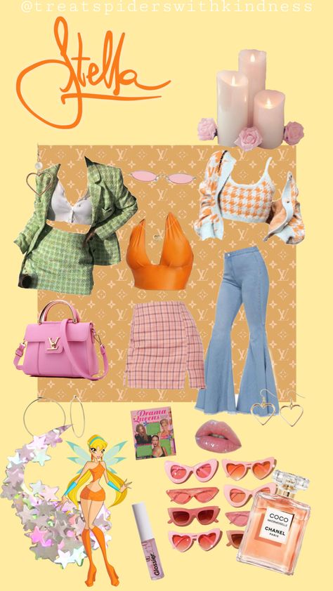 a costume design/mood board for stella from winx club. Stella Inspired Outfits, Stella Winx Club Costume, Winx Stella Outfits, Stella Winx Club Outfit, Winx Club Inspired Outfits, Winx Club Costumes, Winx Club Outfits, Winx Outfits, Stella Winx Club