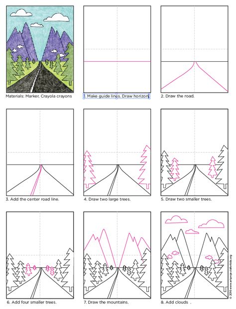 Draw a Vanishing Point Road. Free PDF tutorial download. #vanishingpoint #howtodraw How To Draw Perspective, Perspective Landscape, Draw Perspective, Oppgaver For Barn, Ako Kresliť, Projek Menjahit, 4th Grade Art, 5th Grade Art, 3rd Grade Art