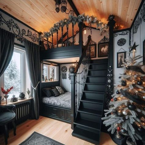 Gothic Tiny House, Tiny Home Ideas, Dark Cottage Core, Brooklyn Navy Yard, Maximalist Design, Tiny House Inspiration, Dark Home Decor, Dark Home, Tiny House Interior