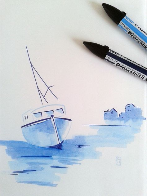 #drawing #boat #promarker Rejoignez ma page : https://www.facebook.com/DrawingsDreaming?ref=hl Promarker Art, Boat Drawing, Simple Watercolor, 수채화 그림, Marker Drawing, Coloring Markers, Easy Watercolor, Marker Art, Pen Drawing