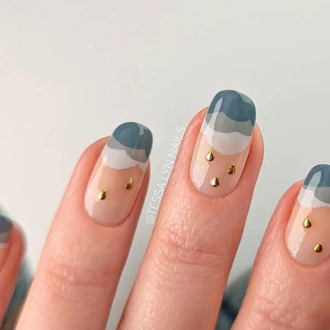 Tessa | DIY Nail Art on Instagram: "April Showers 🌧️ It's been so gloomy and rainy these past few weeks, I'm giving the clouds their moment. I think these little teardrop studs add a unique twist. ☺️ • • • Polish: @colorclubnaillacquer Head in the Clouds @jessiemonroenailcare Trust Me @essie Press Pause • • • #nails #nailart #springnails #cloudnails #springnailart #rainnails #frenchtip #abstractnails #negativespacenails #easynails #easynailart #diymani #nailsofinstagram #instanails #nails💅 #na Acrylic Nail Trends, Easter Nails Easy, Cruise Nails, April Nails, Negative Space Nails, Beauty Hacks Nails, Easter Nail Designs, Goth Nails, Head In The Clouds