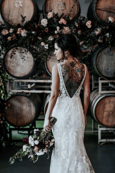 Bridesmaids With Tattoos, Tattooed Wedding Dress, Bride With Back Tattoo, Tattoo And Wedding Dress, Wedding Dress For Tattooed Bride, Brides With Arm Tattoos, Women With Tattoos In Wedding Dresses, Tattooed Couple Wedding, Tattoo Bride Dress