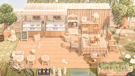 Acnh Outside Cafe Ideas, Tea Shop Animal Crossing, Acne Cafe Ideas, Cafe Acnh Ideas, Anch Store Front Ideas, Outdoor Cafe Animal Crossing, Acnh Outdoor Coffee Shop, Animal Crossing Dessert Shop, Acnh Dessert Shop