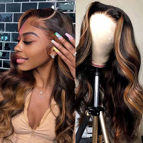 Wig With Blonde Highlights Black Women, Ombre Sew In Weave Brown Black Women, 16 Inch Wig, Highlighted Wigs, Highlighted Bob, Highlighted Wig, Bob With Highlights, Highlight Wig, Ombre Highlights