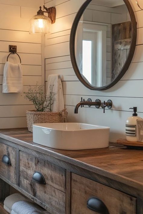 "Elevate your bathroom with the cozy charm of Farmhouse Chic Decor! 🛁🌾 Perfect for creating a space that’s both stylish and inviting. 🌟✨ #RusticBathroom #FarmhouseInspiration #ChicLiving" Farmhouse Shower Head, Farm Cottage Bathroom, Farmhouse Bathroom Pictures, Cozy Farmhouse Bathroom Ideas, Old Farmhouse Decorating Ideas, Barn House Bathroom, Antique Farmhouse Bathroom, Old Farmhouse Bathroom, Farmhouse Chic Bathroom