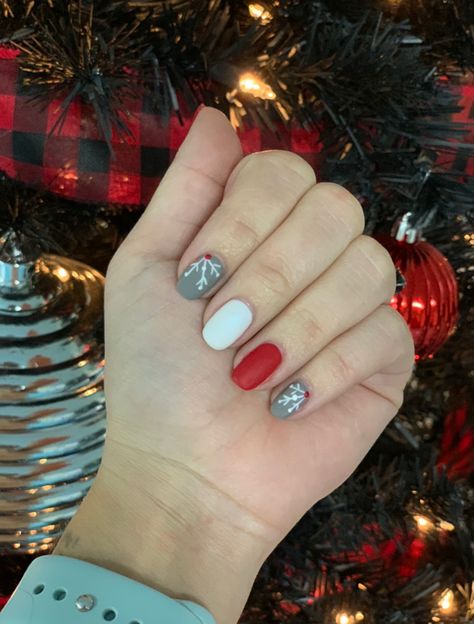 Red White Gray Nails, Red White And Gray Nails, Red Gray Nails, Gray And Red Nails, Grey And Red Nails, Red And Gray Nails, Red And Grey Nails, Matte Holiday Nails, Gray Christmas Nails