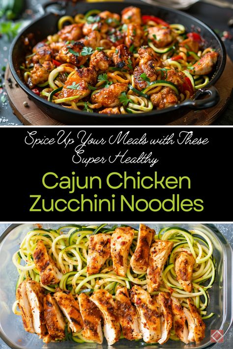 Revitalize your dinners with this tasty Cajun Chicken Zucchini Noodles recipe! 🌿 Bursting with bold Cajun spices and the healthy goodness of zucchini, these zoodles are an excellent low-carb, nutritious meal choice. Keto Chicken And Zucchini Recipes, Zoodles And Chicken, Chicken Broccoli Zucchini Recipes, Chicken And Zoodle Recipes, Chicken Recipes With Zucchini, Chicken Zoodle Recipes, Chicken Thighs And Zucchini Recipes, Zucchini Chicken Recipes, Chicken And Zucchini Recipes