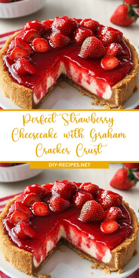 Enjoy the perfect strawberry cheesecake with a buttery graham cracker crust, creamy filling, and fresh strawberry topping. A must-try dessert! 6 Inch Strawberry Cheesecake, Strawberry Caramel Cheesecake, Creamy Strawberry Cheesecake, Cheesecake Deviled Strawberries, Strawberry Cheesecake Recipes, Fresh Strawberry Topping, Cheesecake With Graham Cracker Crust, Cheesecake Filled Strawberries, Filled Strawberries