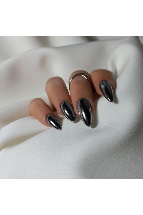 Smoky Grey Chrome Press on Nails Medium Almond,KQueenest Mirror Metal Stiletto Fake Acrylic Nails with Bling Design,Black Glue on Nails for Daily Party Wear,False Nails Press ons in 24 PCS Acrylic Nails With Bling, Nails With Bling, Nails Medium Almond, Fake Acrylic Nails, Nails Press Ons, Nails Inspiration Spring, Black Glue, Press On Nails Medium, Bling Design