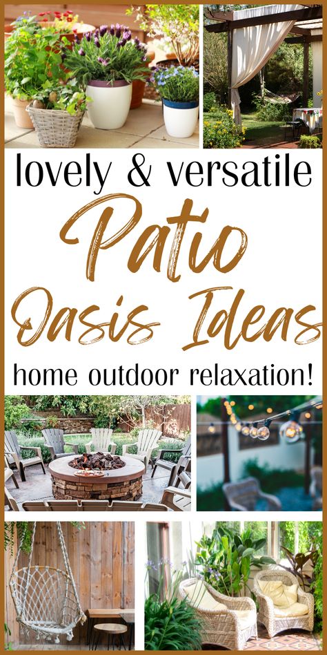 Collage of patio decor with hanging swing chair, cozy chairs with lush plants, firepit with adirondack chairs, globe string lights, planters and flowers, curtained pergola with bistro table Patio Oasis Ideas, Patio Oasis, Relaxing Patio, Small Patio Decor, Small Outdoor Patios, Vintage Patio, Patio Inspiration, Budget Patio, Patio Diy