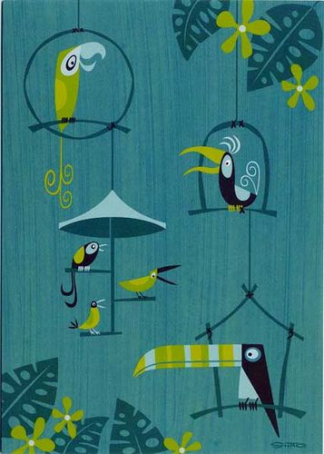 by Shag - This would be perfect in the "Tiki Room" Tiki Mid Century Modern, Tiki Art Illustrations, Tiki Poster Design, Enchanted Tiki Room Birds, Shag Tiki Art, Mcm Art, Enchanted Tiki Room, Tiki Lounge, Tiki Art