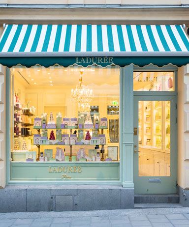 Striped Awning, Bakery Store, Windows Display, Laduree Paris, Store Concept, Exterior Signage, Bakery Design, Shop Fronts, Bakery Shop