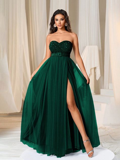 Vestido formal con cinturón con Body de lentejuelas y dobladillo de malla de contraste Verde Oscuro Fiesta  sin mangas Lentejuelas Color combinado,Liso,Estampado Integral A línea Elástico Ligero Primavera/Verano Weddings & Events, size features are:Bust: ,Length: ,Sleeve Length: Winter Formal Dresses Green, Elegant Dresses Green, Dark Green Dress Formal, Slytherin Dress, Green Dress Formal, Wedding Guest Gowns, Evening Gala, Wedding Dresses For Kids, Dark Green Dress