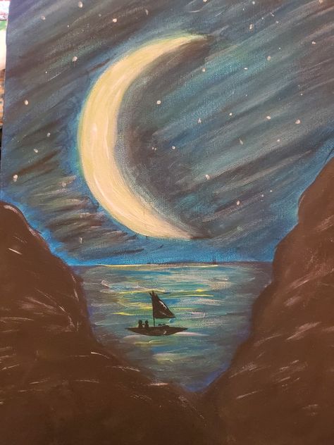 Cresent moon between 2 cliffs Crescent Moon Painting, Painting Idea For Beginners, Mint Paint, Crescent Moon Art, Paint Nite, Moon Painting, Visual Poetry, Color Painting, Beginner Painting