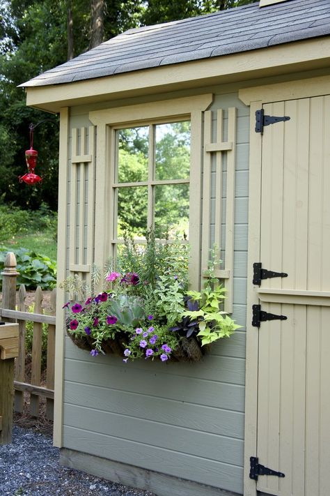 Garden Shed Window Ideas, Garden Shed Interiors, Shed Landscaping, Shed Windows, Shed Decor, Shed Ideas, Backyard Sheds, Box Display, Garden Tool Set