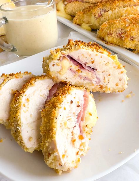 Easy oven baked recipe with breading and the best sauce as well! No need to pound out the chicken breasts and roll them up! Chicken Cordon Bleu Oven, Best Chicken Cordon Bleu Recipe, Baked Chicken Cordon Bleu, Easy Chicken Cordon Bleu, Baked Recipe, Cordon Bleu Casserole, Chicken Cordon Bleu Recipe, Chicken Cordon Bleu Casserole, Oven Baked Recipes