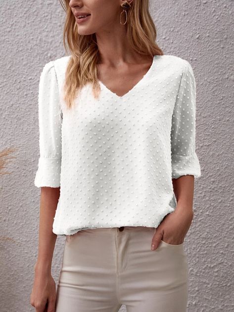 Flounce Sleeve Swiss Dot Blouse | SHEIN USA Swiss Dot Blouse, Plain Tops, Flounce Sleeve, Women Blouses, Swiss Dot, Shein Style, Trendy Fashion Women, Sleeves Pattern, White Casual