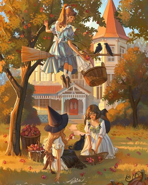 Three sisters on apple picking 🍎 Autumn is just around a corner and I’m excited for the cozy sweaters and warm tea 😌 What is your… | Instagram Herbst Bucket List, Sans Art, Arte Peculiar, Sisters Art, Autumn Illustration, Modern Fantasy, Witch Art, Apple Picking, Arte Fantasy