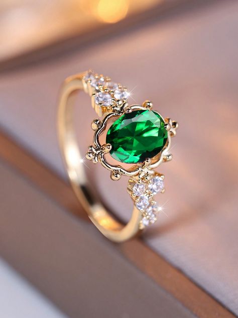 1pc Luxurious Vintage-Style Oval Edge Cz Stone Decorated Ring Suitable For Women's Parties And Banquets Green    Copper     Women Fashion Jewelry, size features are:Bust: ,Length: ,Sleeve Length: Green And Gold Engagement Ring, Green Gold Weddings, Gold Emerald Ring, Jewelry Emerald, Emerald Ring Gold, Green Stone Rings, Single Ring, Green Copper, Stone Gold