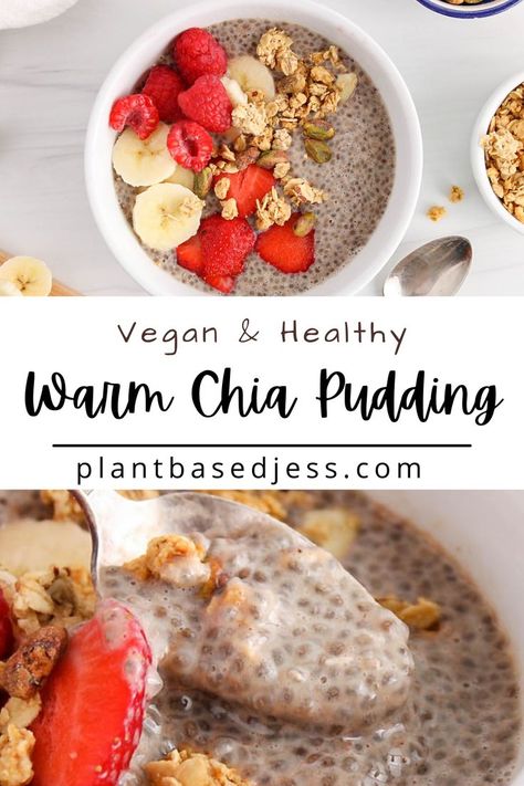 View on a bowl of vegan warm chia pudding topped with berries and granola. Healthy Puddings, Vegan Chia Seed Pudding, Chia Seed Breakfast, Vegan Easter Recipes, Chia Breakfast, Vegan Easter, Chia Seed Recipes, Diet Smoothie Recipes, Lost 100 Pounds