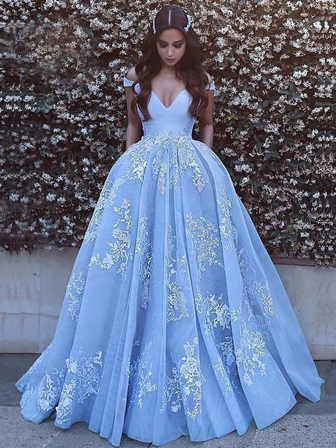 Ball Gown Sleeveless Off-the-Shoulder Applique Tulle Sweep/Brush Train Dresses Evening Dress Long, Princess Prom Dresses, Prom Dresses 2019, Floor Length Prom Dresses, Long Prom Gowns, Tulle Ball Gown, Senior Prom, Gown Prom, Dresses Ideas