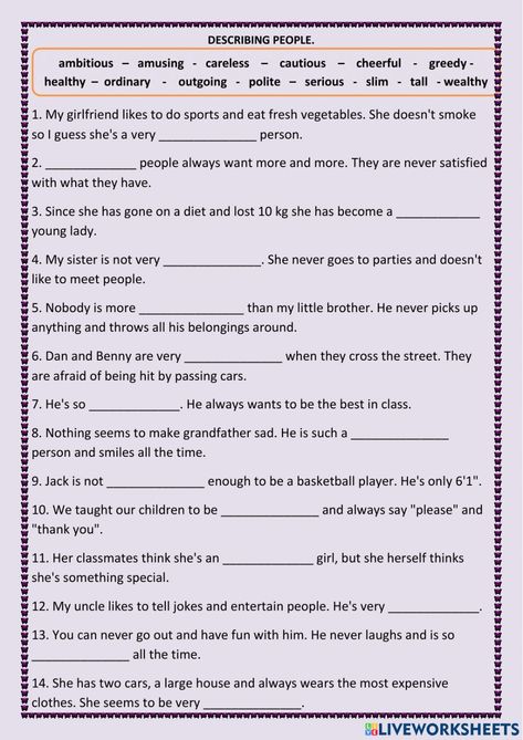 High School Grammar Activities, English Worksheets For Adults, Esl For Adults, Adjectives Grammar, Adjectives Worksheet, Cloze Passages, Esl Reading Comprehension, Describing People, English Grammar Test