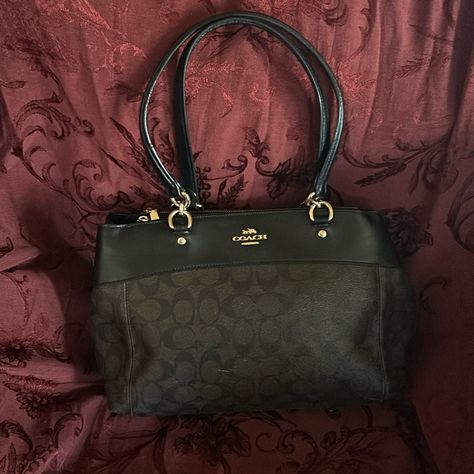 Coach Brooke Carryall Coated Leather Signature Depth: 9” Length: 12” Width: 3” Handle Drop: 9” Pre-Owned Great Condition Bags Coach, Carry All Bag, Coach Bag, Leather Coat, Coach Bags, Black And Brown, Candy, Leather, Women Shopping