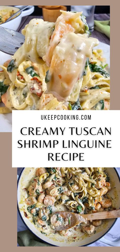 Indulge in a taste of Italy with our Creamy Tuscan Shrimp Linguine recipe! Succulent shrimp bathed in a creamy garlic Parmesan sauce, tossed with tender linguine and sun-dried tomatoes. Perfect for a cozy dinner at home or impressing guests with restaurant-quality flavors. Chemo Recipes, Pasta Mama, Creamy Tuscan Shrimp, Shrimp Linguine Recipe, Chicken Linguine, Creamy Garlic Parmesan Sauce, Tuscan Shrimp, Best Shrimp Recipes, Shrimp Linguine