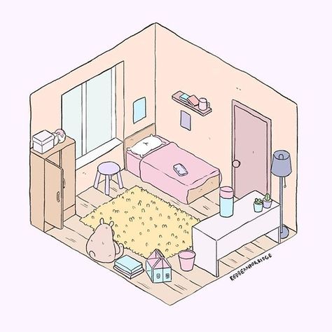 Isometric Rooms, Isometric Room, Room Cartoon, Bedroom Illustration, Dibujo Simple, Bedroom Drawing, Isometric Art, Isometric Design, Cute Pastel Wallpaper