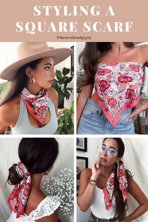 Ways to Wear a Square Scarf – Style Sessions Scarf Outfit Summer Casual, How To Wear A Silk Square Scarf, Summer Silk Scarf, Styling Square Scarf, How To Style Square Scarf, How To Wear A Square Scarf, Silk Neck Scarf Outfit, Square Scarf How To Wear A, Square Scarf Outfit