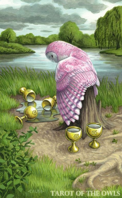 A pink barn owl sits on a tree stump, looking down at three spilled golden goblets on the ground. Two upright goblets are next to her. She's near a lake, and the sky is cloudy. This tarot card is the Five of Cups from the Tarot of the Owls. Owl Tarot Card, Seasons Of The Witch Oracle, Black Bird Oracle, Tarot By Cecelia, Astro Tarot, Universal Folk Oracle, Spirit Of The Animals Oracle, Witches Tarot Deck, Rider Waite Deck