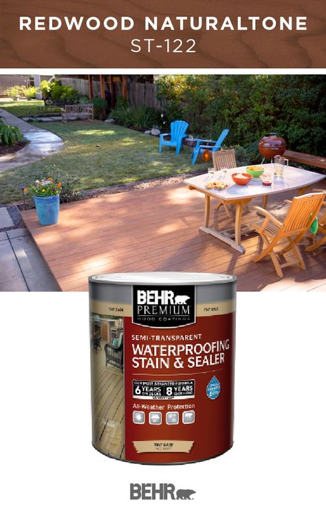 Summer nights are meant for spending time in your backyard with friends and family. Let BEHR PREMIUM® Semi-Transparent Waterproofing Stain & Sealer, in Redwood Naturaltone, help prepare your wooden deck or patio for outdoor entertaining season. Offering UV, rain, and winter protection, click below for full product details to learn more. Fence Colors, Deck Stain Colors, Deck Stain, Semi Transparent Stain, Behr Colors, Fence Stain, Color Of The Month, Deck Colors, Wood Cleaner