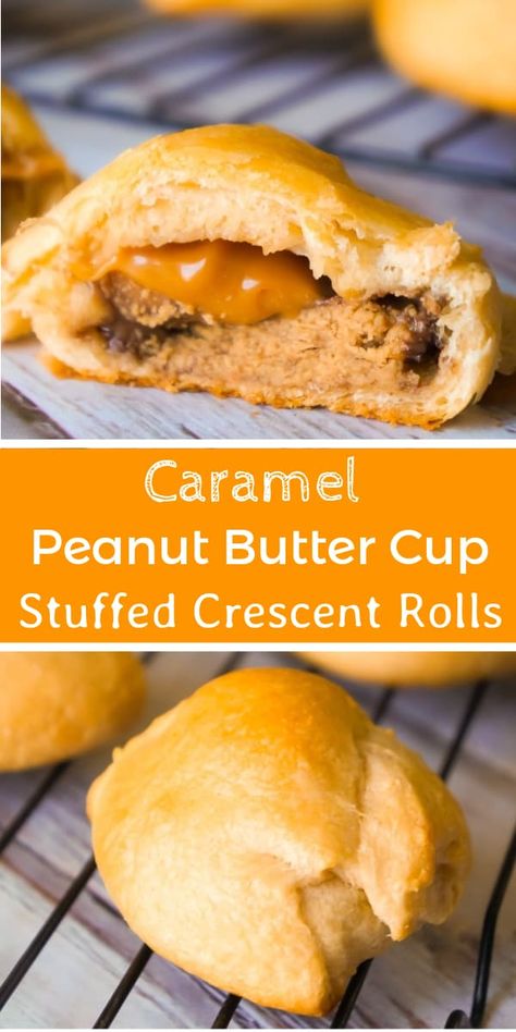 Caramel Peanut Butter Cup Stuffed Crescent Rolls - This is Not Diet Food Tiny Desserts, Stuffed Crescent Rolls, Pillsbury Crescent Rolls, Live Deliciously, Pillsbury Crescent, Chocolate Peanut Butter Desserts, Apple Desserts Easy, Reese's Peanut Butter Cups, Crescent Recipes