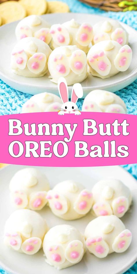 Bunny Butt Oreo Balls - Delicious lemon cookie truffles dipped in white chocolate and decorated with feet and a tail to look like cute little bunny butts. A fun and easy no bake Easter dessert recipe! Bunny Oreos, Bunny Recipes, Easter Oreos, Cookies Cream Cheese, Bunny Butts, Easter Deserts, Cookie Truffles, Easter Fun Food, Italian Cream Soda