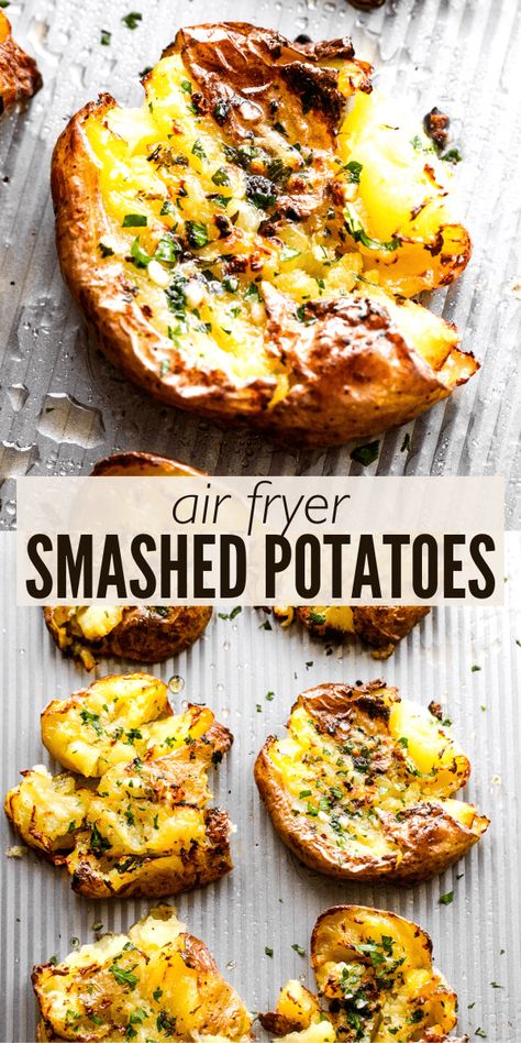 Hot and Crispy Smashed Potatoes in the Air Fryer are easy to make and ultra cozy. Drizzled with homemade garlic butter, they're basically the perfect side dish for any occasion! Air Fryer Dorm Recipes, Air Fryer Smashed Potatoes, Potatoes In The Air Fryer, New Air Fryer Recipes, Smashed Potatoes Recipe, Air Fryer Recipes Snacks, Crispy Smashed Potatoes, Air Fryer Oven Recipes, Air Fry Recipes