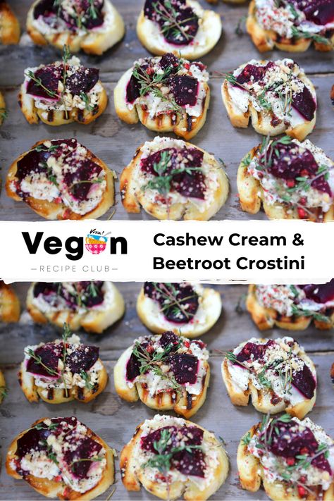 #vegan #crostini #vegancrostini #beetroot #cashewcream #veganstarter Vegan Crostini, Roasted Beetroot, Vegan Starters, Nut Cheese, Light Meals, Vegan Sides, Cashew Cream, Food Club, Tasty Treats