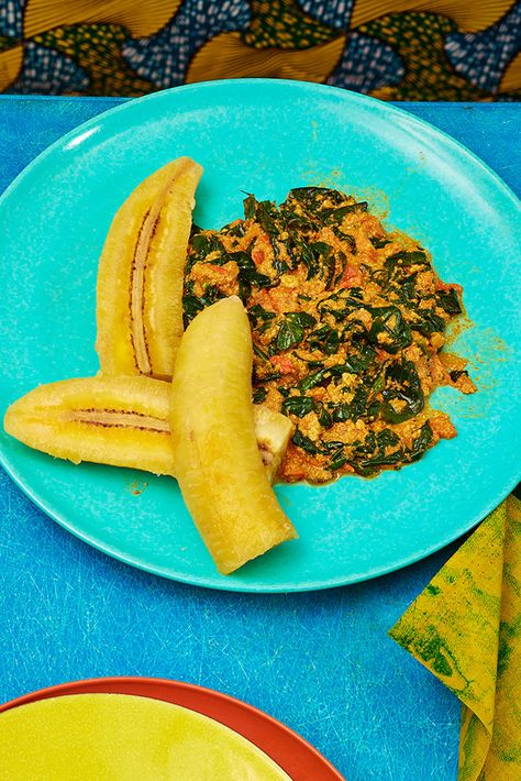 This recipe is an adaptation of the smoky spinach stew served at Papaye, Samuel Obeng's restaurant in the Bronx Built on a base of onions and ginger sauteed in palm oil, made fiery with habanero, and thickened with ground pumpkin seeds and tomatoes, the stew calls for African smoked, dried shrimp powder; its flavor is amazing (Asian versions are typically unsmoked and chewier.) But smoked paprika and fish sauce make a serviceable substitute. Ghana Recipes, Plantains Recipe, Spinach Stew, Sweet Plantains, Ghana Food, Ghanaian Food, The Stew, African Foods, African Dishes