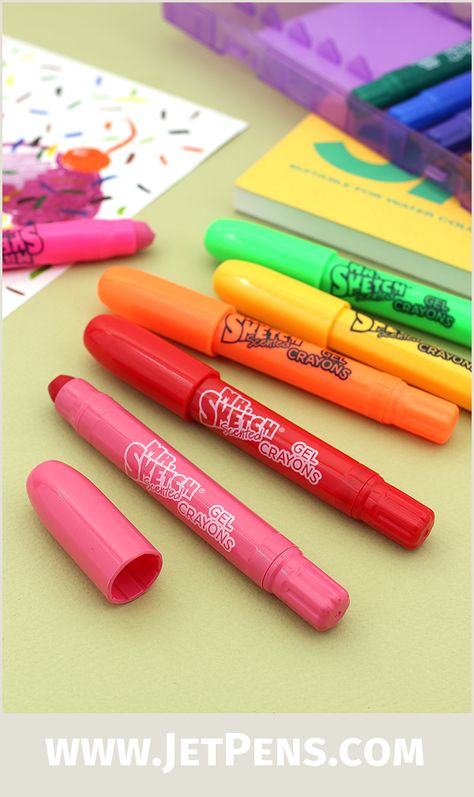 Deliciously fruity Mr. Sketch Twistable Gel Crayons are kid-friendly and easy to… Gel Crayons, Mr Sketch, Journal Therapy, Stationary Art, New Pen, Jet Pens, Artist Trading Cards, Bullet Journaling, Book Making