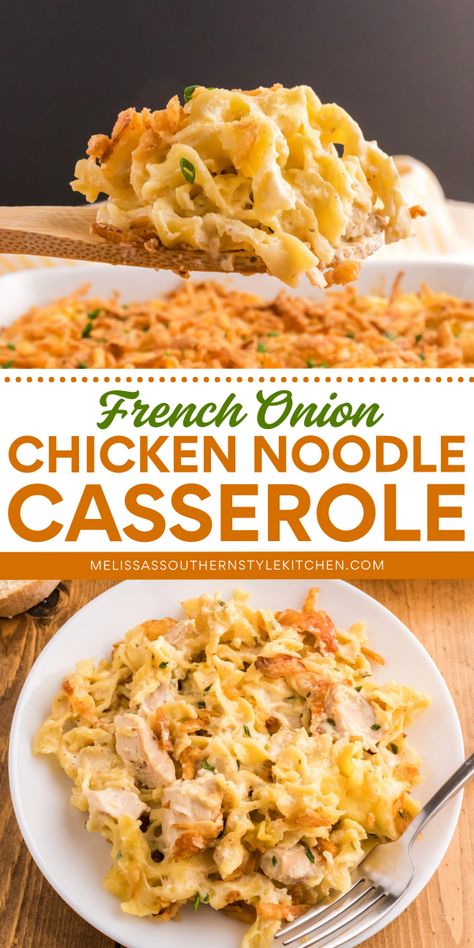 Indulge in this French Onion Chicken Noodle Casserole! With a combo of chicken and noodles plus french onion dip, this comfort food recipe will fill your hungry tummies. Save this cozy dinner idea! French Onion Dip Chicken Casserole, French Onion Casserole Chicken, Chicken French Onion Casserole, French Onion Dip Chicken, Easy French Onion Chicken, French Onion Chicken Casserole, Favorite Casserole Recipes, Onion Casserole, Chicken And Noodles