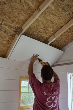 Paneling a Shed Ceiling Garden Shed Diy, Shed Makeover, Installing Shiplap, Shed Office, Wood Shed Plans, Shed Interior, Shed Ideas, Craft Shed, Studio Shed